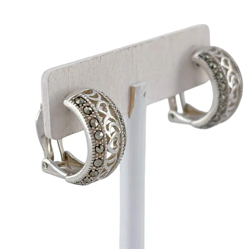 Vintage Sterling Silver 925 Marcasite Hoop Earrings